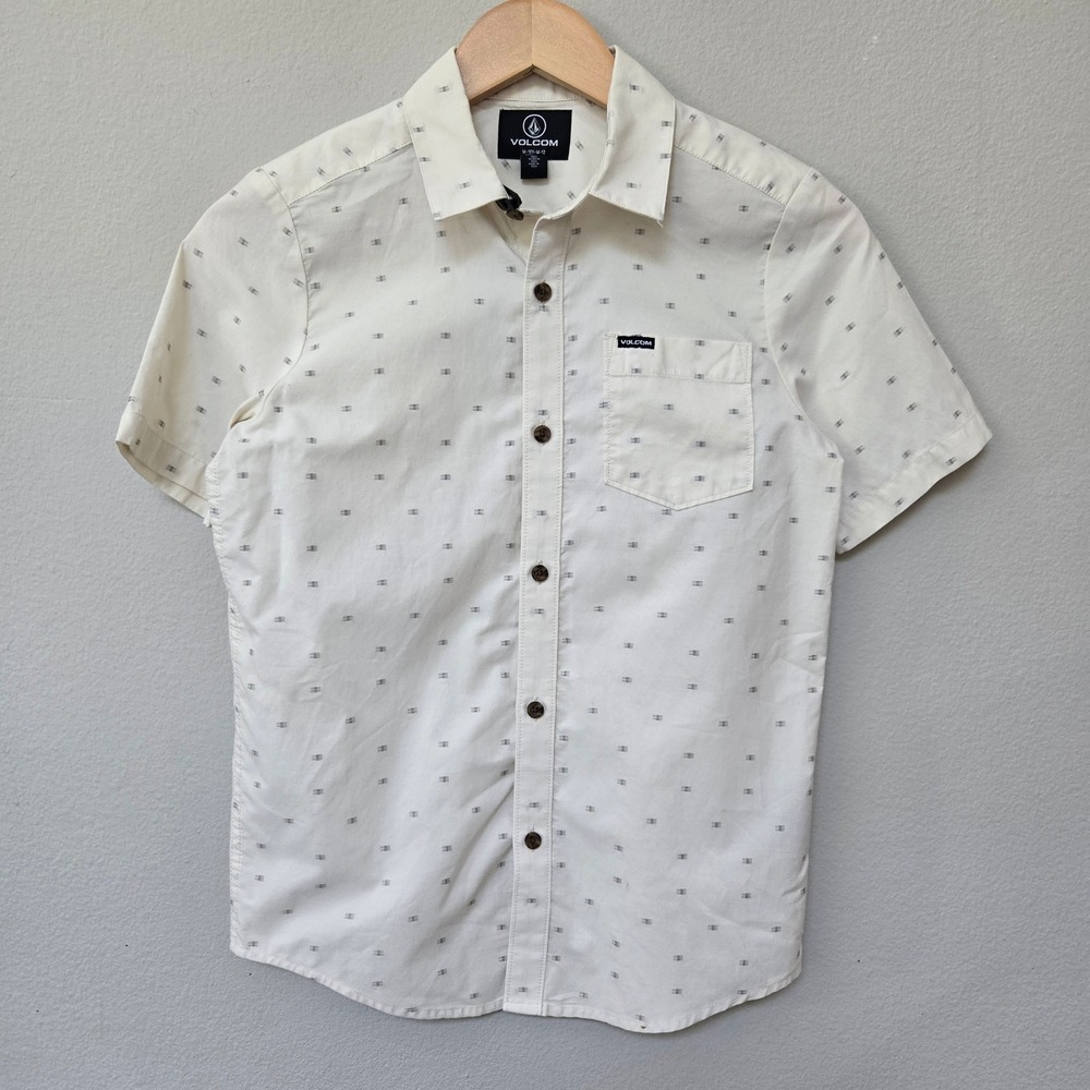 Volcom Crownstone SS Boys M 10-12 Off-White Dash Print Button Down Shirt NEW